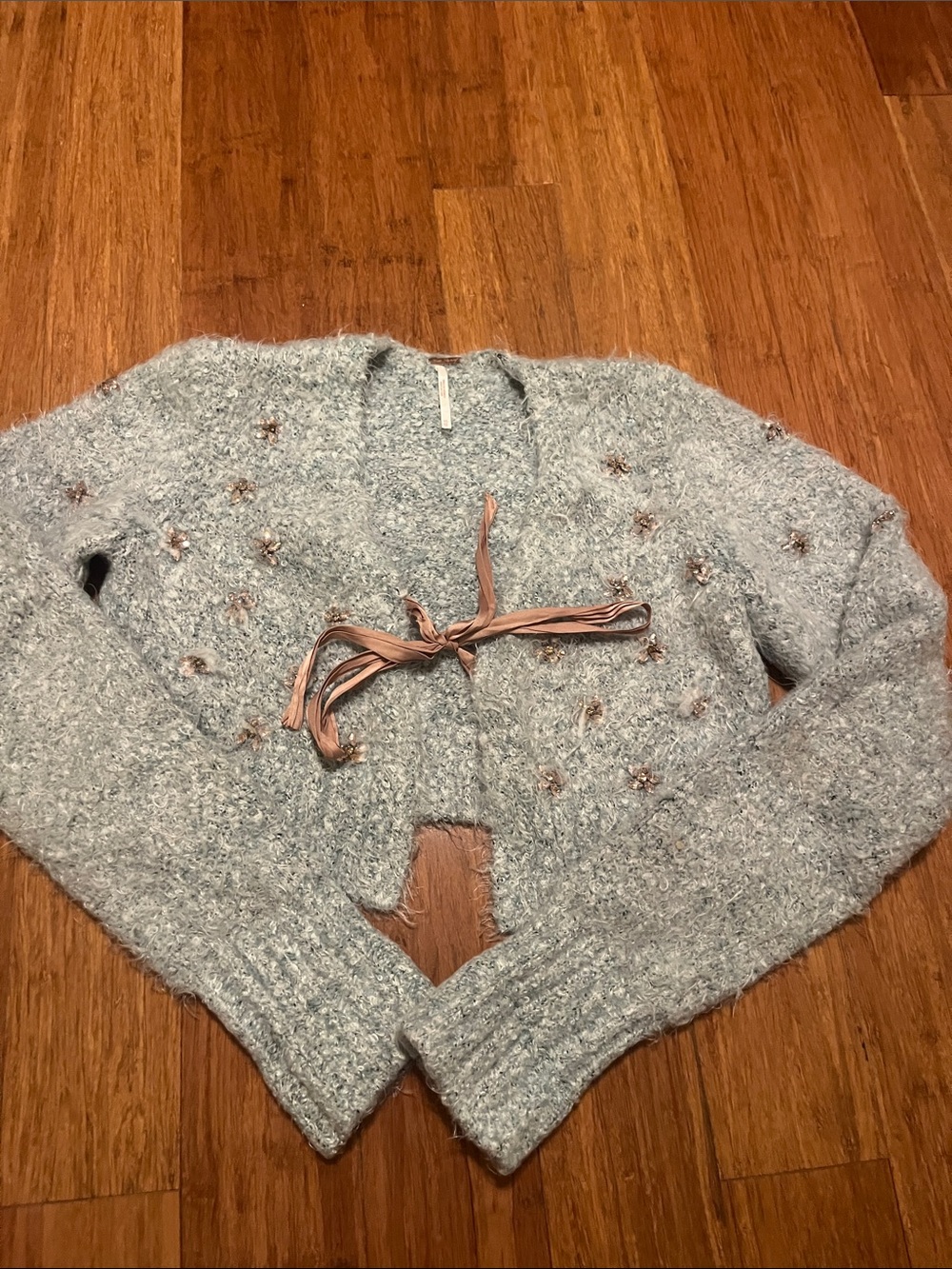 Free People Light Blue Beaded Fuzzy Cropped Cardigan